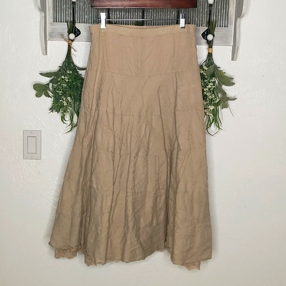 Coldwater Creek Khaki Double Lined Midi Skirt Lace Detail - Extra Small Petite